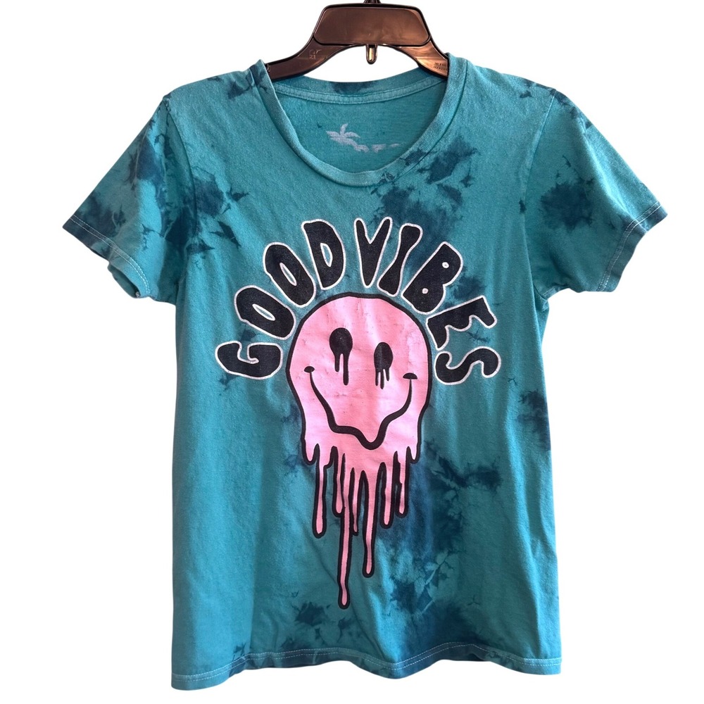 Hollister Good Vibes Melting Smiley Face Tie Dye Graphic Tee Teal Pink Small - Picture 1 of 4